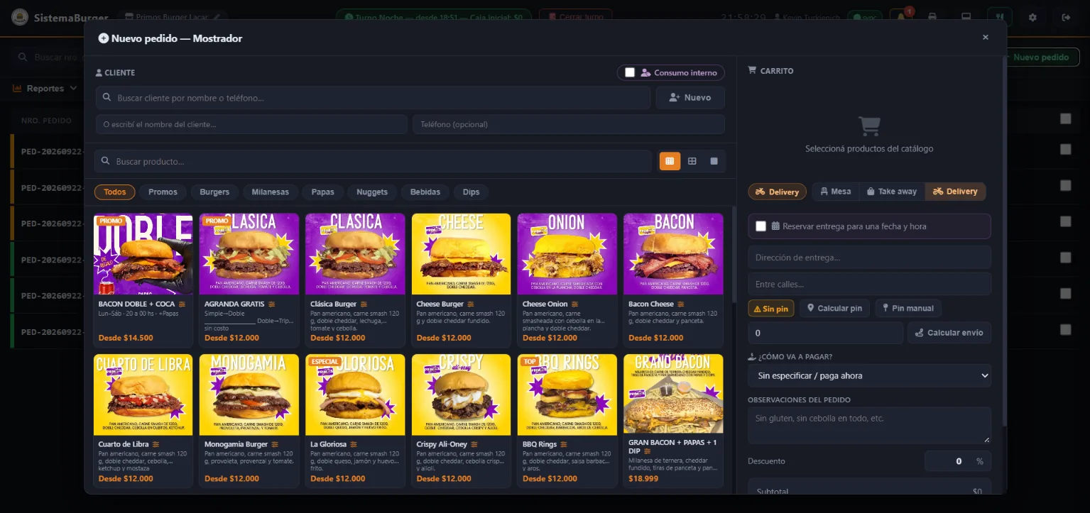 Catálogo para cargar un nuevo pedido con promos y burgers